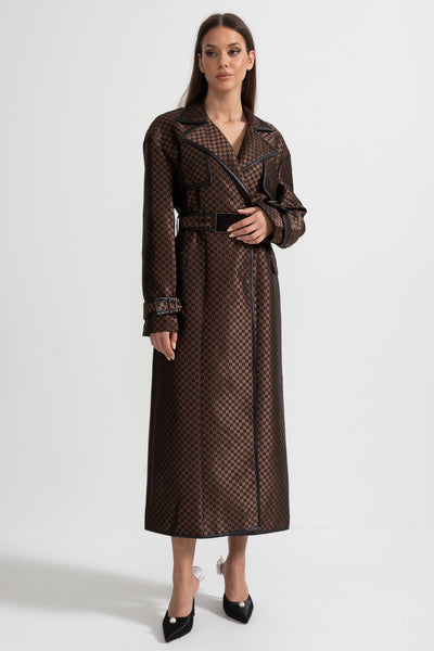 Jacquard trenchcoat med belte med gullspenne i livet – brun