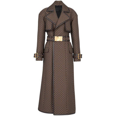 Jacquard trenchcoat med belte med gullspenne i livet – brun